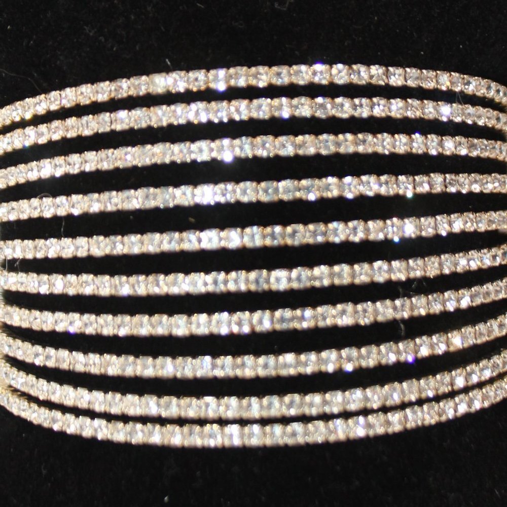Layered 10 Row Rhinestone Cuff Bracelet - Picture 2 of 9